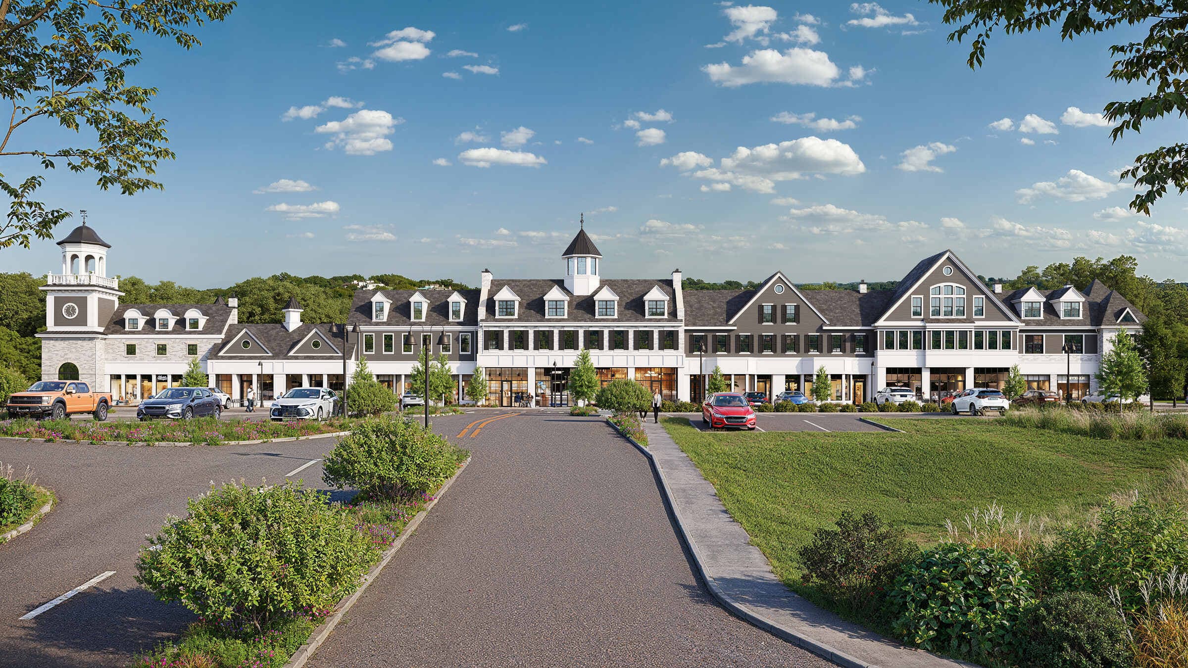 Wide view of Cohasset Crossing and its retail buildings